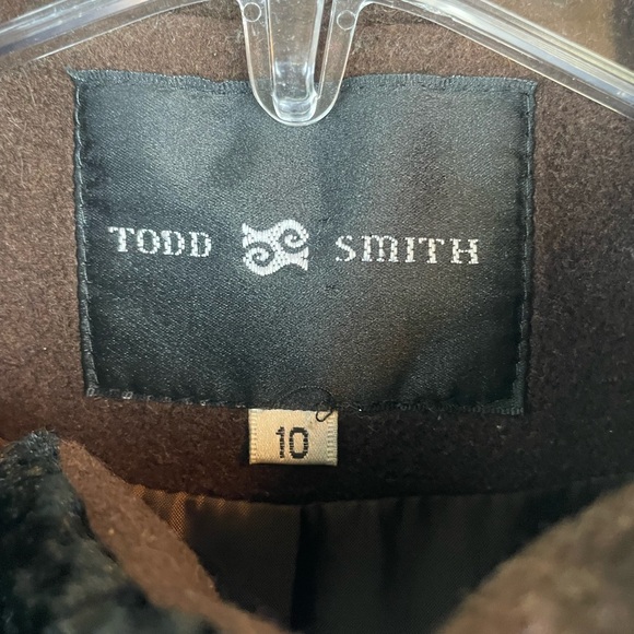 Todd Smith Brown 100% Wool Long Dress Coat with Black Trim Neck & Cuffs Sz 10 - Picture 10 of 14